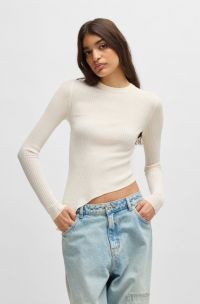 Sheer-ribbing sweater with asymmetric hem, Natural
