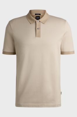 Mercerised-cotton polo shirt with micro pattern, Light Beige