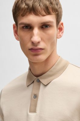 Mercerised-cotton polo shirt with micro pattern, Light Beige