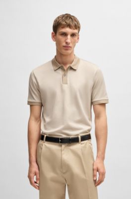 Mercerised-cotton polo shirt with micro pattern, Light Beige