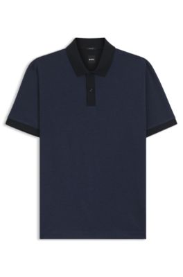 Mercerised-cotton polo shirt with micro pattern, Dark Blue