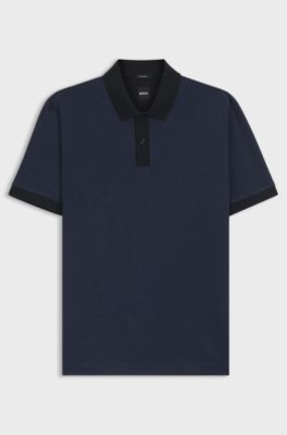 Mercerised-cotton polo shirt with micro pattern, Dark Blue