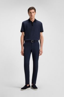 Mercerised-cotton polo shirt with micro pattern, Dark Blue