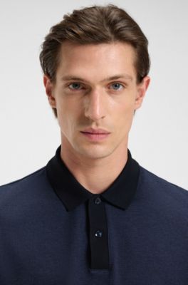 Mercerised-cotton polo shirt with micro pattern, Dark Blue