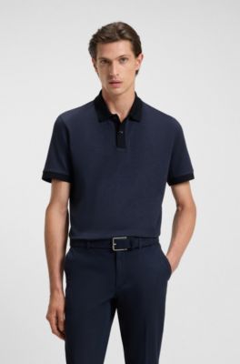 Mercerised-cotton polo shirt with micro pattern, Dark Blue