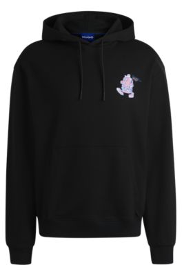 HUGO - Cotton-terry hoodie with street-food graphics - Black