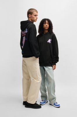 Cotton-terry hoodie with street-food graphics, Black