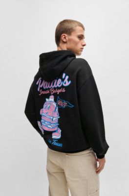 Hoodie van katoenen sweatstof met streetfood-graphics, Zwart