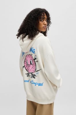 Cotton-terry hoodie with street-food graphics, Natural
