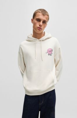 Cotton-terry hoodie with street-food graphics, Natural