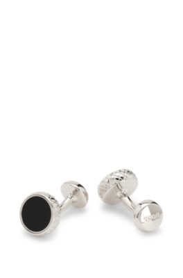 Boutons de manchette ronds &agrave; insert en &eacute;mail, Noir