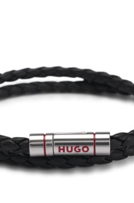 Double braided-leather cuff with logo closure, Black