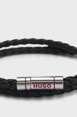Bracelet double tour en cuir tress&eacute; avec fermeture logot&eacute;e, Noir
