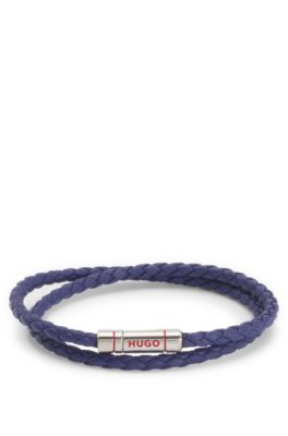 残りわずか HUGO DOUBLEBRAID ロゴ レザー ブレスレット HUGO - ブレードレザー ダブルブレスレット ロゴクラスプ - ブラック