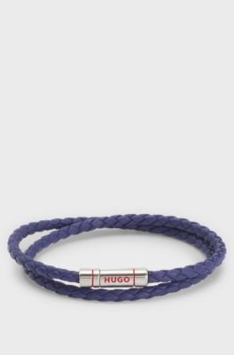 Double braided-leather cuff with logo closure, Blue