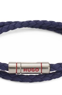Double braided-leather cuff with logo closure, Blue