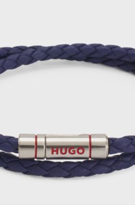 Double braided-leather cuff with logo closure, Blue