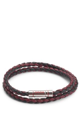 Double braided-leather cuff with logo closure, Dark Red