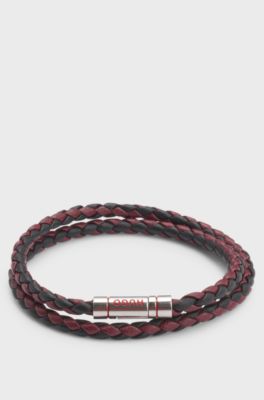 Double braided-leather cuff with logo closure, Dark Red