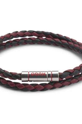 Bracciale doppio in pelle intrecciata con chiusura brandizzata, Rosso scuro