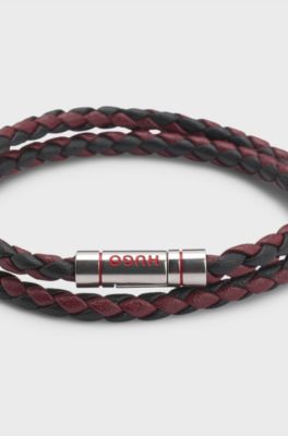 Double braided-leather cuff with logo closure, Dark Red