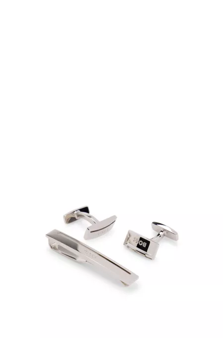 Logo-engraved brass cufflinks and tie clip set