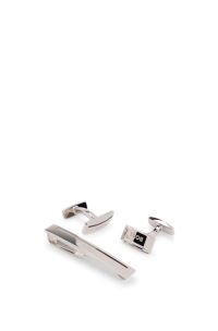Logo-engraved brass cufflinks and tie clip set, Silver tone