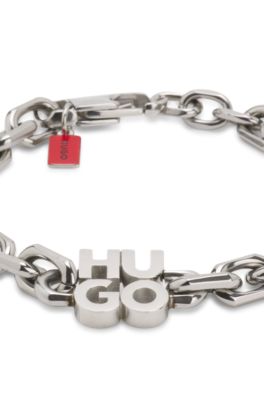 Chain cuff with stacked-logo plaque, Silver
