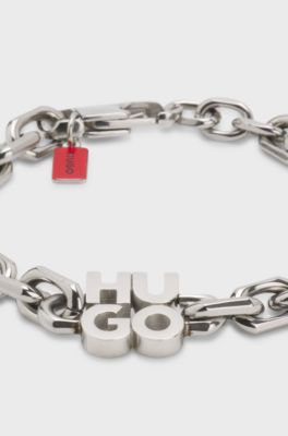 Chain cuff with stacked-logo plaque, Silver