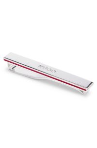 Logo tie clip in polished brass with red accents, Silver tone