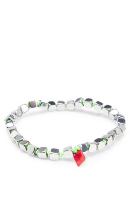 Elasticated cuff with steel cubes, Silver tone