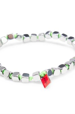 Elasticated cuff with steel cubes, Silver tone