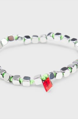 Elasticated cuff with steel cubes, Silver tone