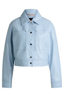 Patent faux-leather jacket with press-stud buttons, Light Blue