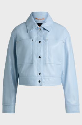 Patent faux-leather jacket with press-stud buttons, Light Blue