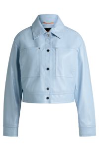 Patent faux-leather jacket with press-stud buttons, Light Blue