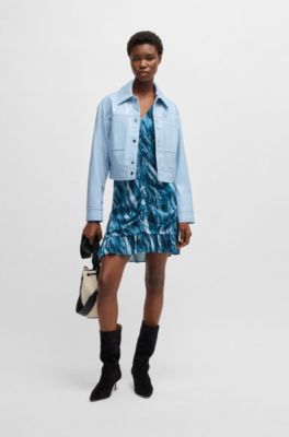 Patent faux-leather jacket with press-stud buttons, Light Blue