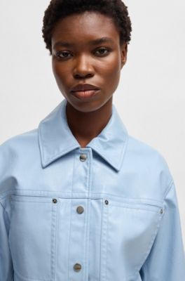 Patent faux-leather jacket with press-stud buttons, Light Blue