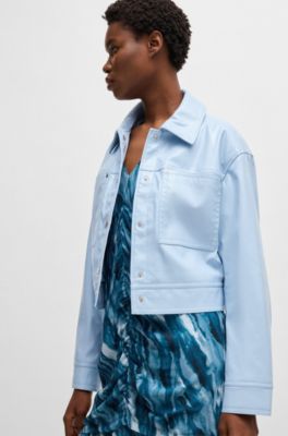 Patent faux-leather jacket with press-stud buttons, Light Blue