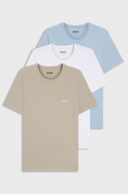 Paquete de tres camisetas de algod&oacute;n con logo bordado, Azul / Beige