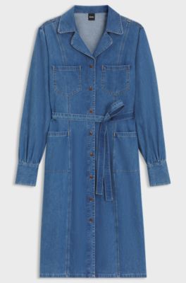 Belted shirt dress in selvedge denim, Blue
