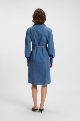 Belted shirt dress in selvedge denim, Blue