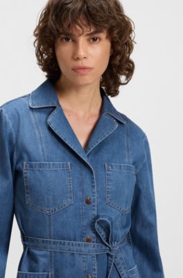 Chemisier in denim con cimosa e cintura, Blu
