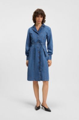 Chemisier in denim con cimosa e cintura, Blu