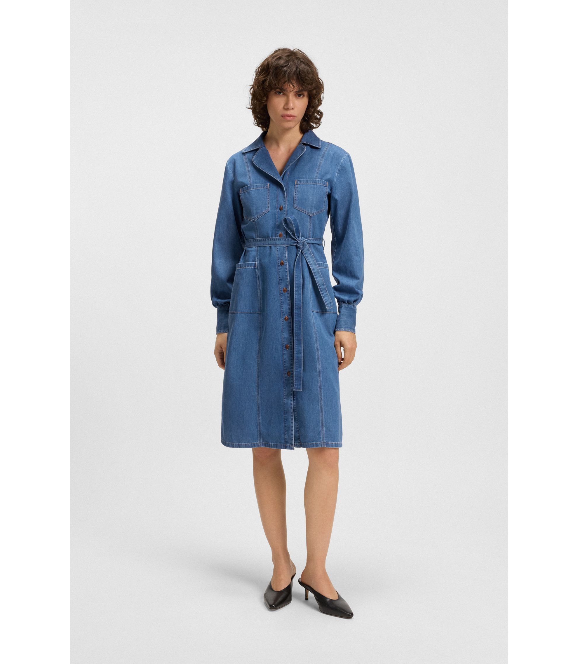 BOSS - Belted shirt dress in selvedge denim - Blue
