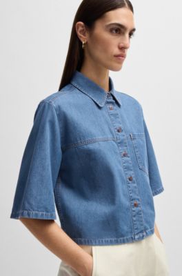 Relaxed-fit blouse in blue selvedge denim, Blue