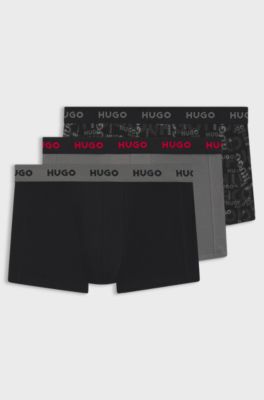 Three-pack of logo-waistband trunks in stretch cotton, Black / Grey