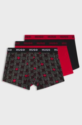 Three-pack of logo-waistband trunks in stretch cotton, Black / Red