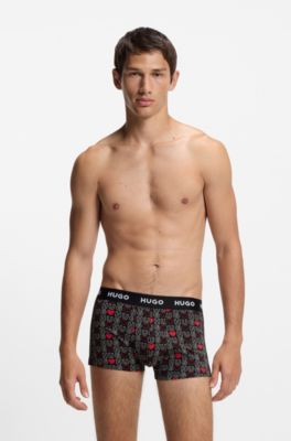 Three-pack of logo-waistband trunks in stretch cotton, Black / Red