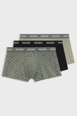 Three-pack of logo-waistband trunks in stretch cotton, Black / Green